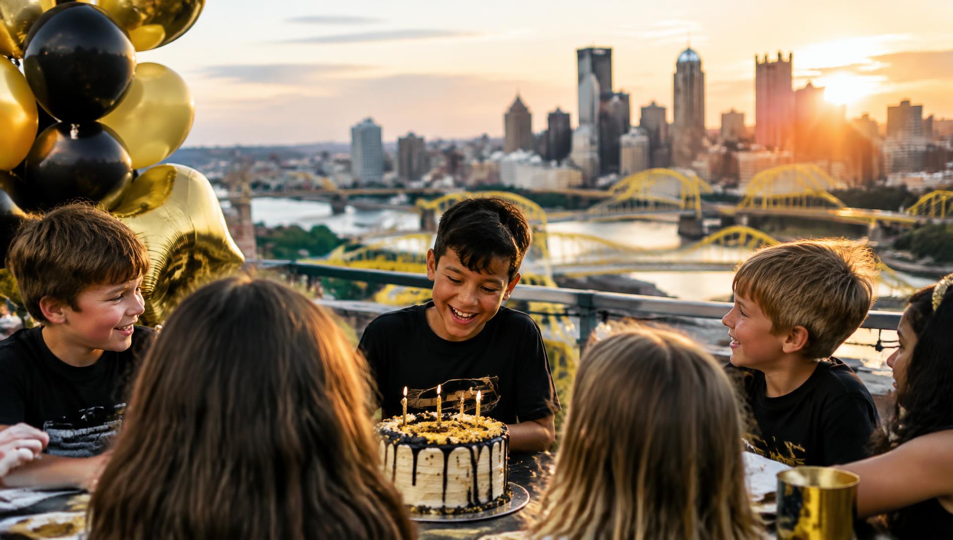 Kids celebrating a birthday with the Pittsburgh skyline behind them